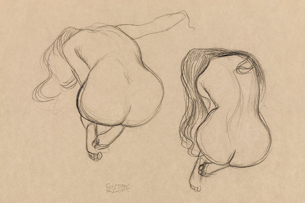 Naked woman showing her bottom.  Two Studies of a Seated Nude with Long Hair (1901&ndash;1902) by Gustav Klimt. Original…