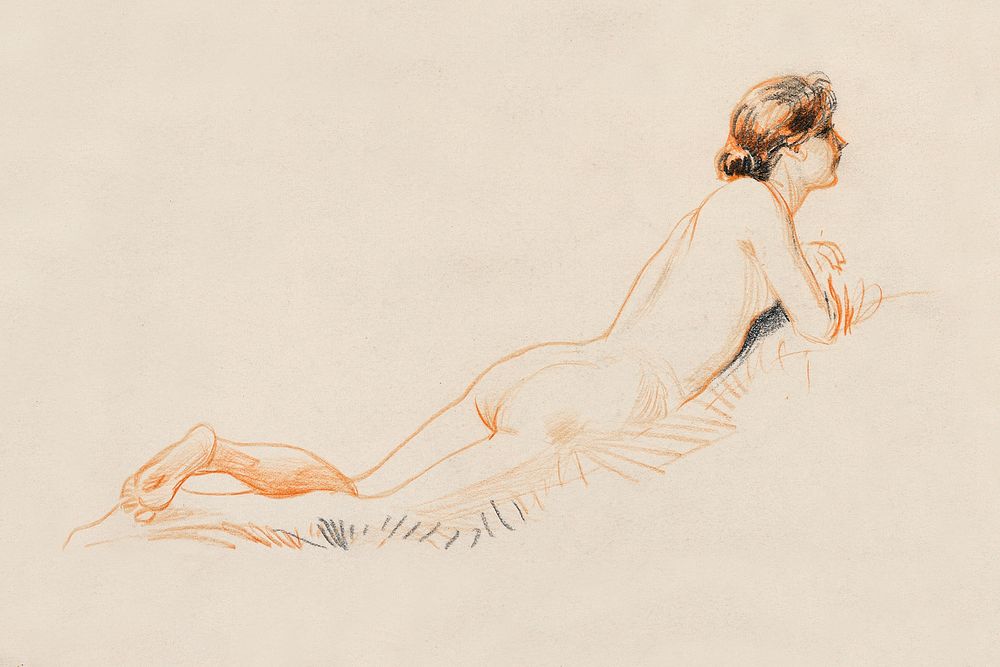 Naked woman posing sexually, vintage nude illustration.  Female Nude, Resting on Grass (1890) by James Wells Champney.…