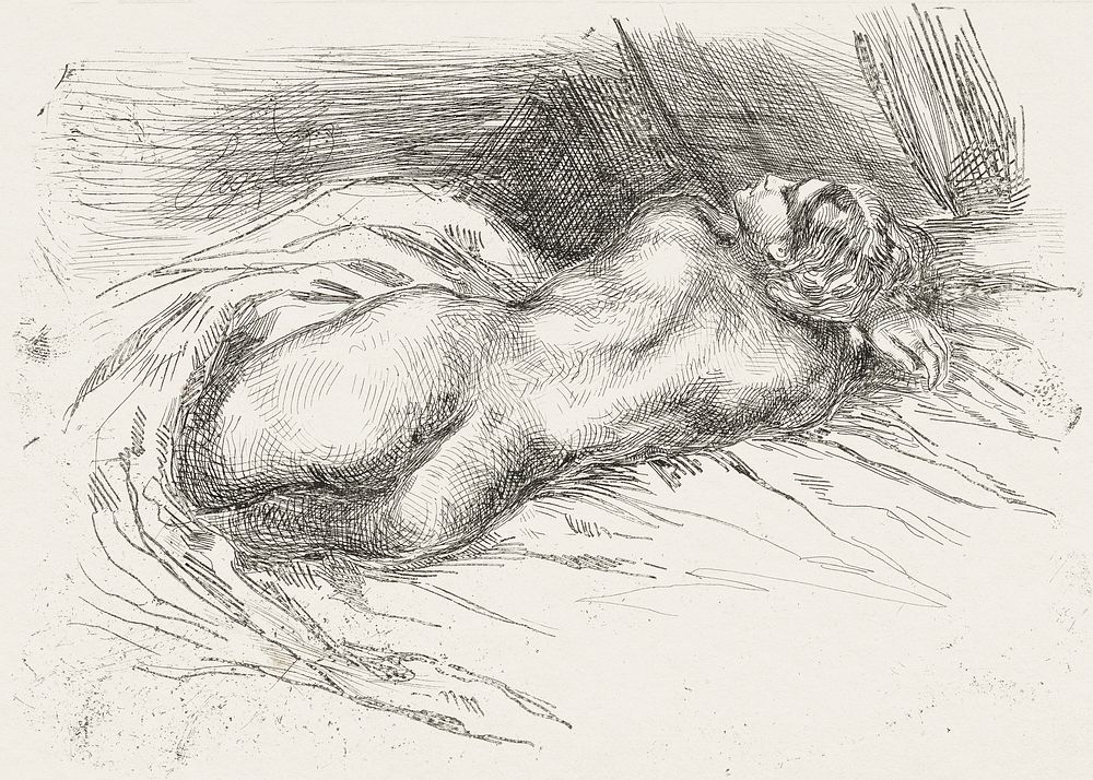 Vintage erotic nude art of a naked woman. Study of a Woman Viewed from Behind (1833) by Eug&egrave;ne Delacroix. Original…
