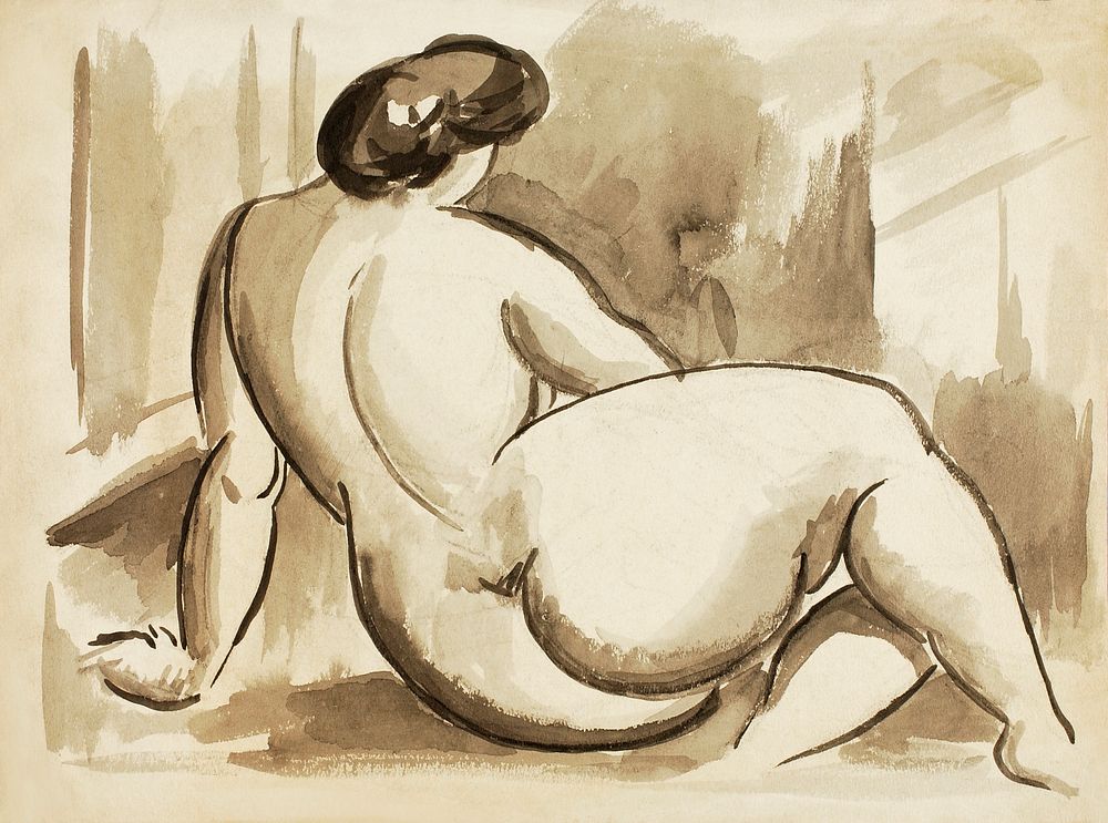 Woman showing off naked bum, vintage nude illustration. Sitting Female Nude by Carl Newman. Original from The Smithsonian.…
