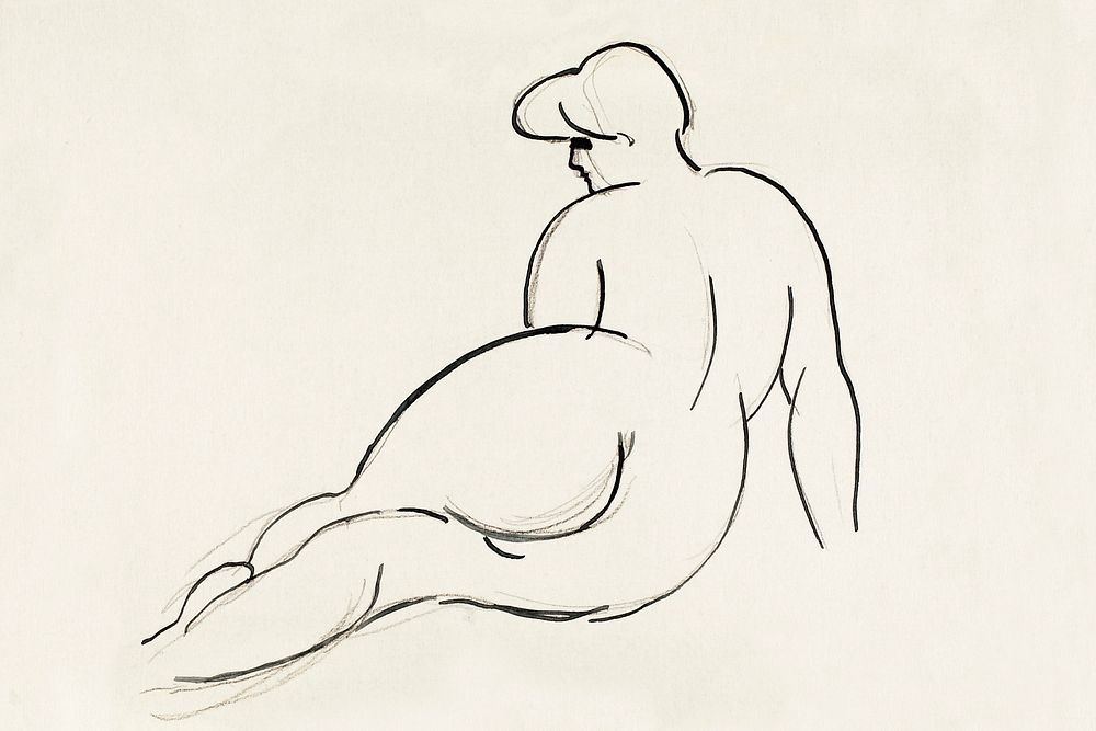 Woman showing off naked bum, vintage nude illustration. Reclining Nude, Back View by Carl Newman. Original from The…