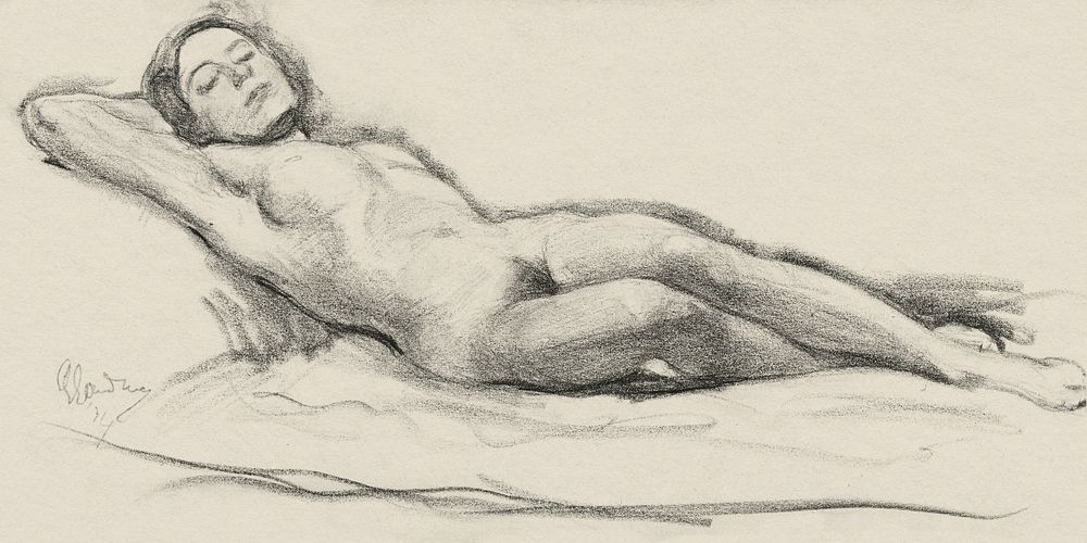 Naked woman showing her breasts, vintage nude illustration. Reclining Female Nude (1934) by Louis Goudman. Original from The…