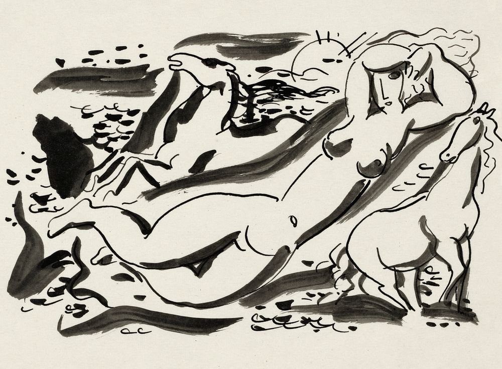 Ontwerp voor een vignet: naakte vrouw en twee paard met de zee op de achtergrond (1891&ndash;1941) by Leo Gestel. Original…