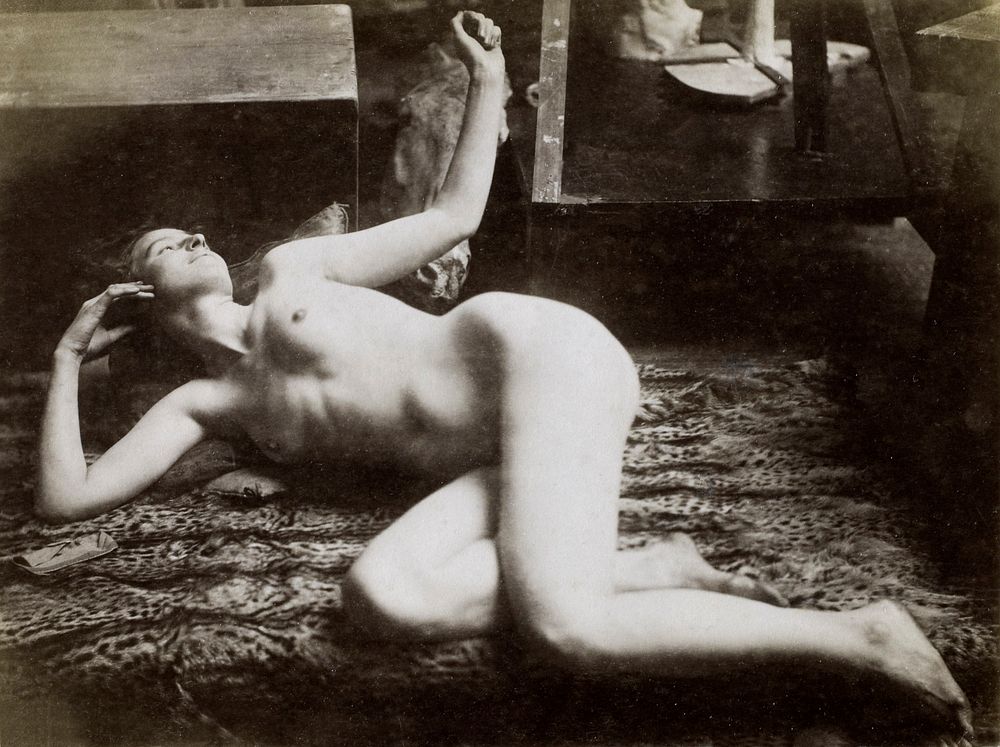 Nude Photography, study of a female nude model, lying on a tiger skin, in the studio of Jacques de Lalaing (ca.…