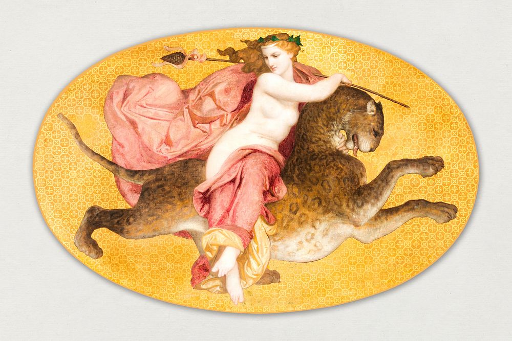 Bacchante on a panther illustration, remix from artworks by William Adolphe Bouguereau