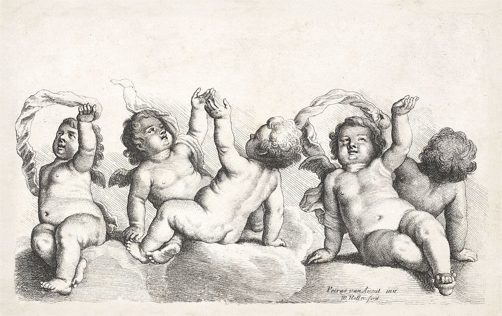 Three cherubs and two boys on clouds, each raising one arm (1646) by Wenceslaus Hollar. Original from The MET Museum.…