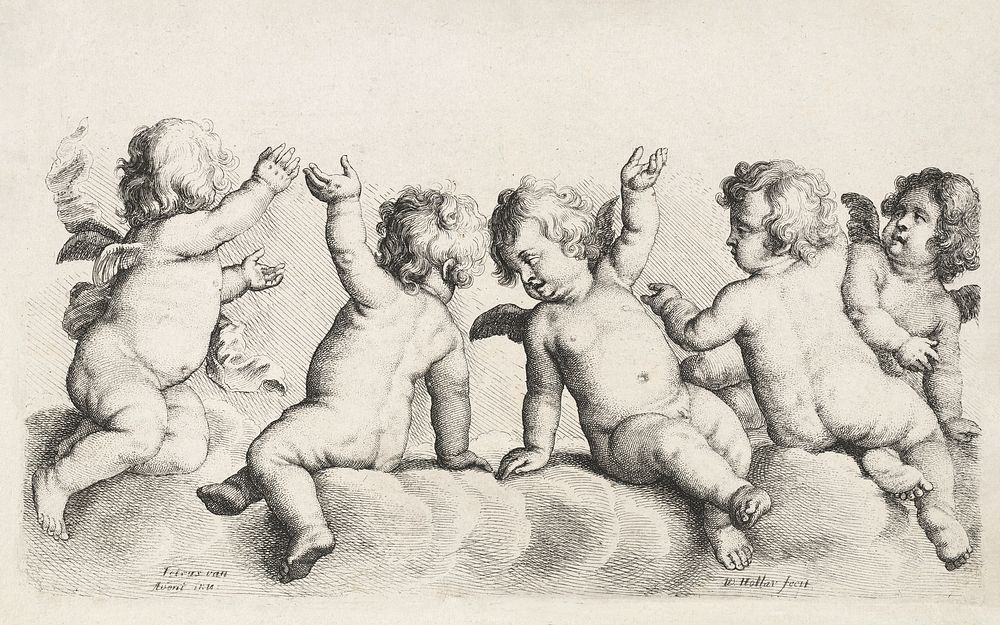 Three cherubs and two boys on clouds (1646) by Wenceslaus Hollar. Original from The MET Museum. Digitally enhanced by…