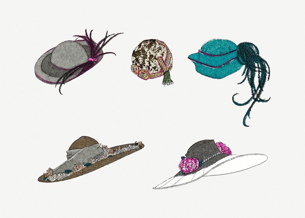 Vintage ladies hat psd illustration set, remix from artworks by Charles Martin