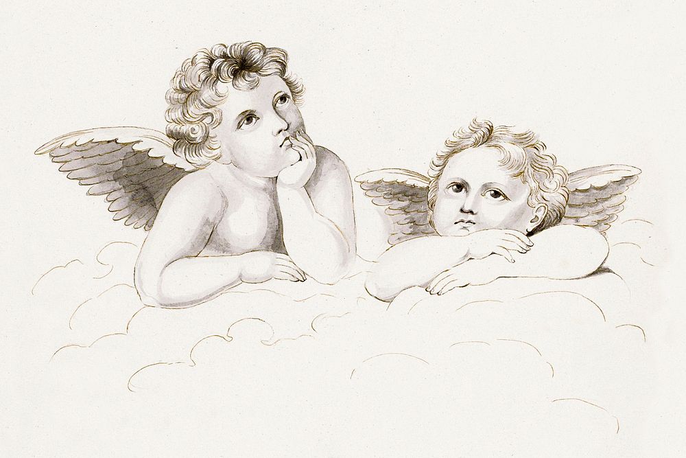 Twee cherubijnen naar een detail van Rafa&euml;ls 'Sixtijnse Madonna" (1832) by Jonkvrouw Elisabeth Kemper. Original from…