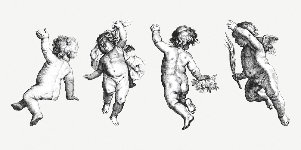 Vintage cute cherubs psd illustration set