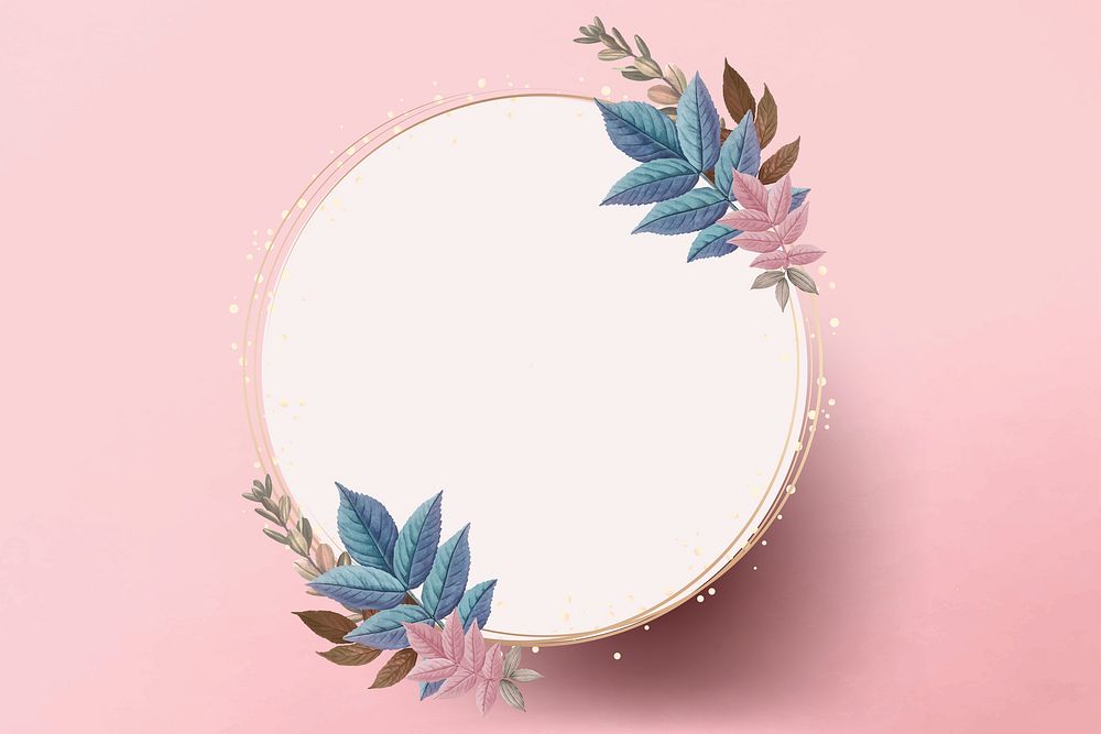 Blank round golden frame decorated with colorful leaves vector