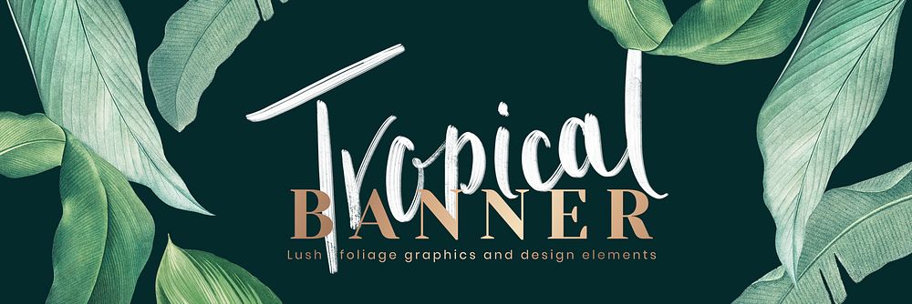 Hand drawn tropical leaves banner on a dark green background