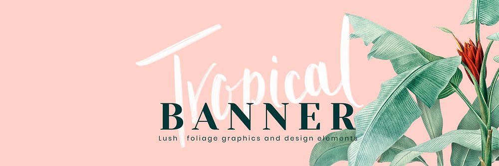 Hand drawn tropical leaves banner on a pastel pink background