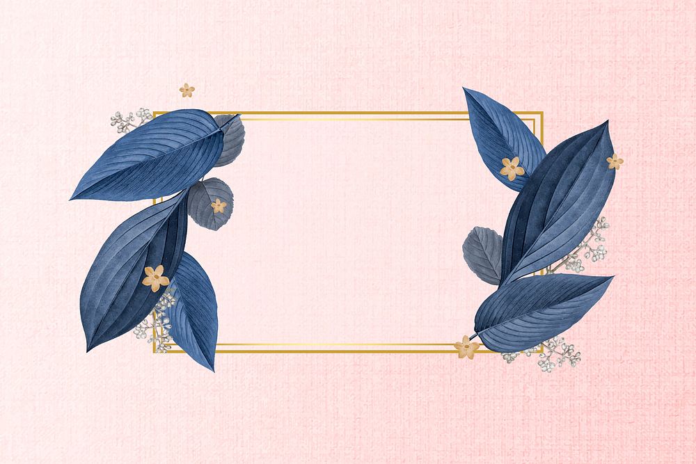 Gold rectangle frame decorated with blue leaves on a pink background
