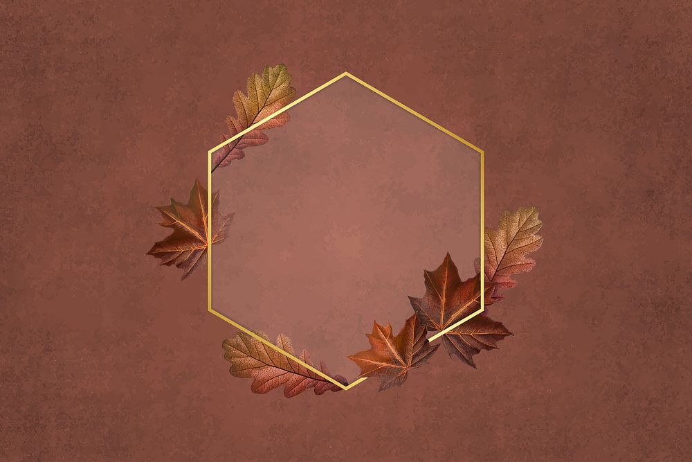 Brown leafy hexagon gold frame vector