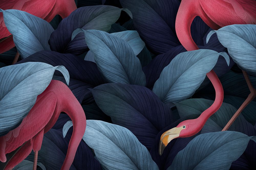 Flamingos on a leafy background