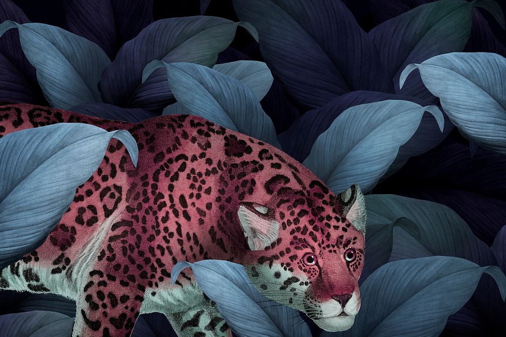 Pink cheetah on a leafy background illustration