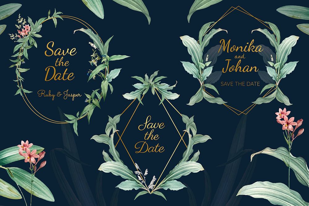 Set of wedding frames with green leaves vector