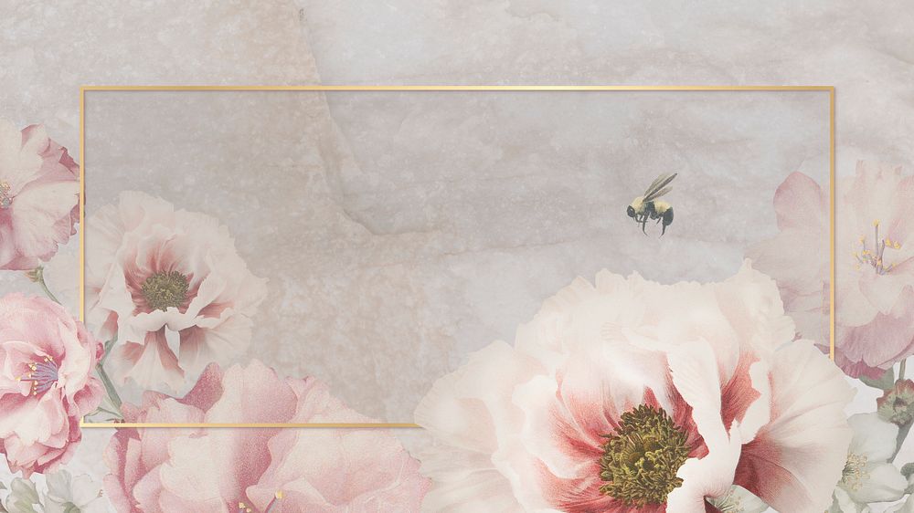 Gold frame and pink peony flower on cream marble background
