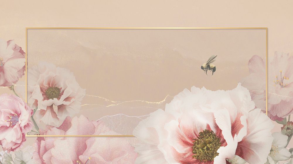 Gold frame and pink peony flower on nude peach background