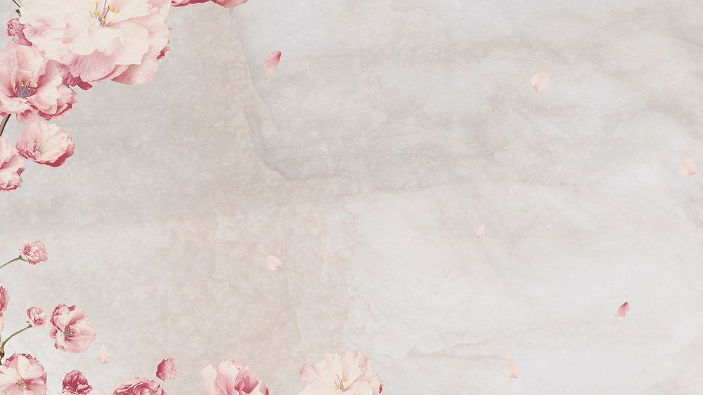 Pink cherry blossom flower branch bouquet border on cream marble background