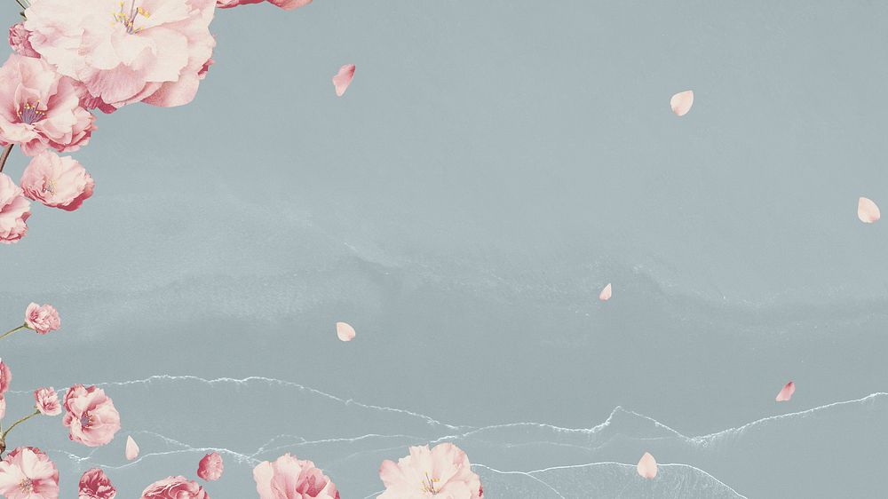 Pink cherry blossom flower branch bouquet border on blue gray background