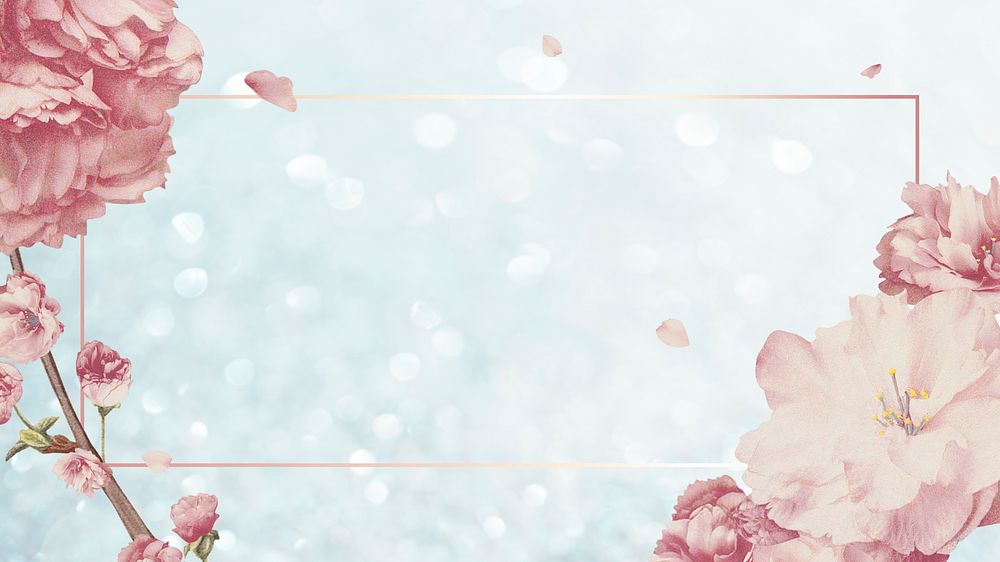 Rectangular pink cherry blossom flower bouquet border frame on blue glitter background