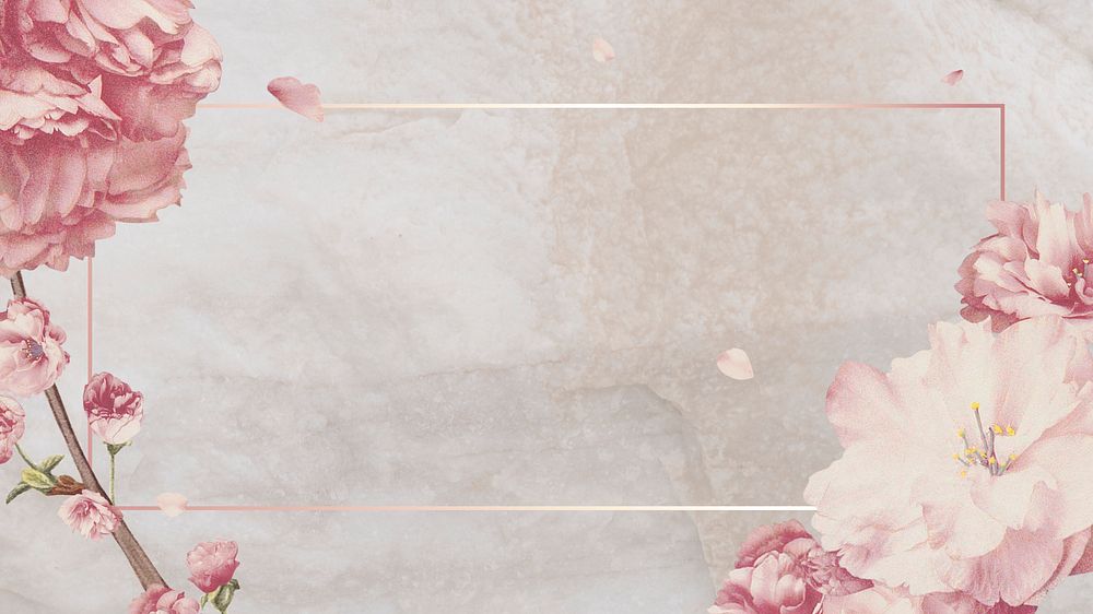 Rectangular pink cherry blossom flower bouquet border frame on cream marble glitter background