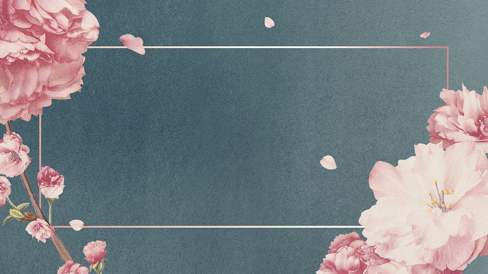 Rectangular pink cherry blossom flower bouquet border frame on blue background