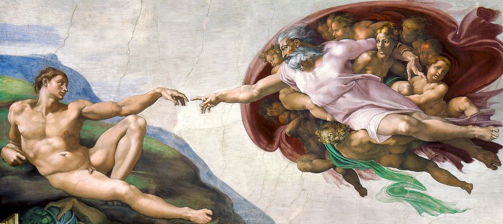 Michelangelo Buonarroti's The Creation of Adam (circa 1511) famous painting. Original from Wikimedia Commons. Digitally…