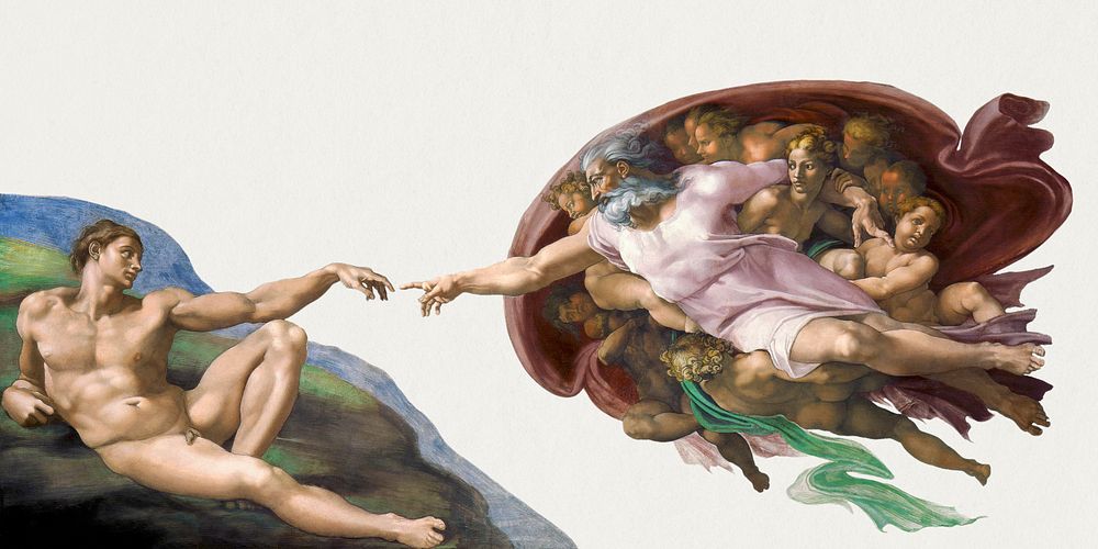 Creation of Adam, famous painting, remixed from artworks by Michelangelo Buonarroti