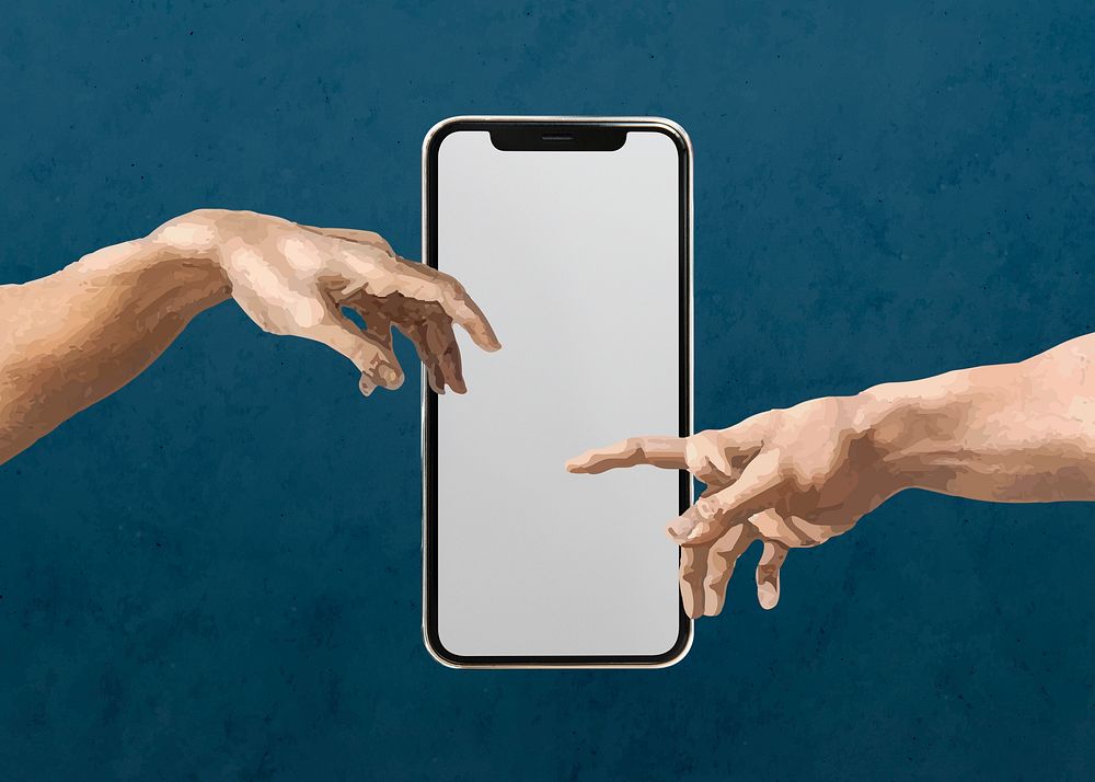 Mockup phone PSD, hands of god and Adam, remixed from artworks by Michelangelo Buonarroti
