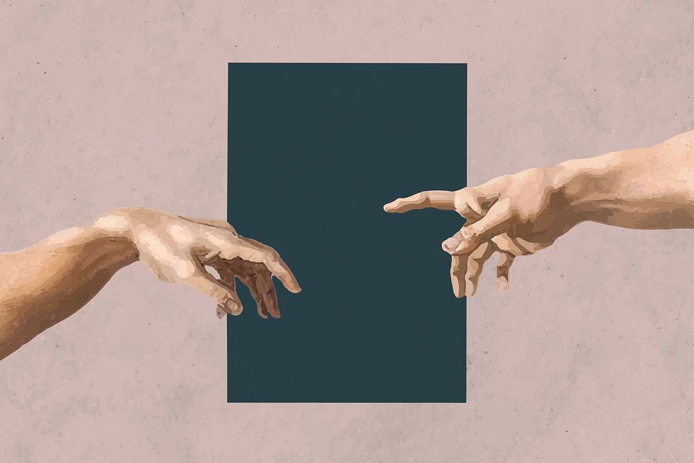 Mockup poster PSD, hands of god and Adam, remixed from artworks by Michelangelo Buonarroti