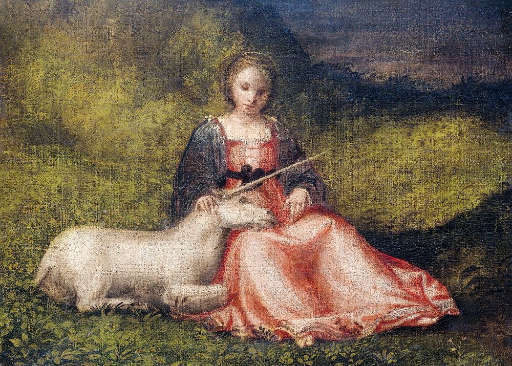 Giorgione's Woman with Unicorn (1510) famous painting. Original from the Rijksmuseum. Digitally enhanced by rawpixel.