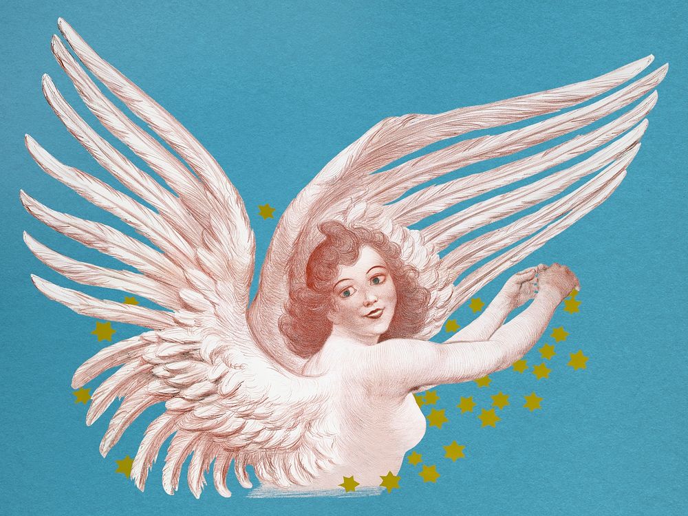 Vintage angel sticker, hand drawn design psd