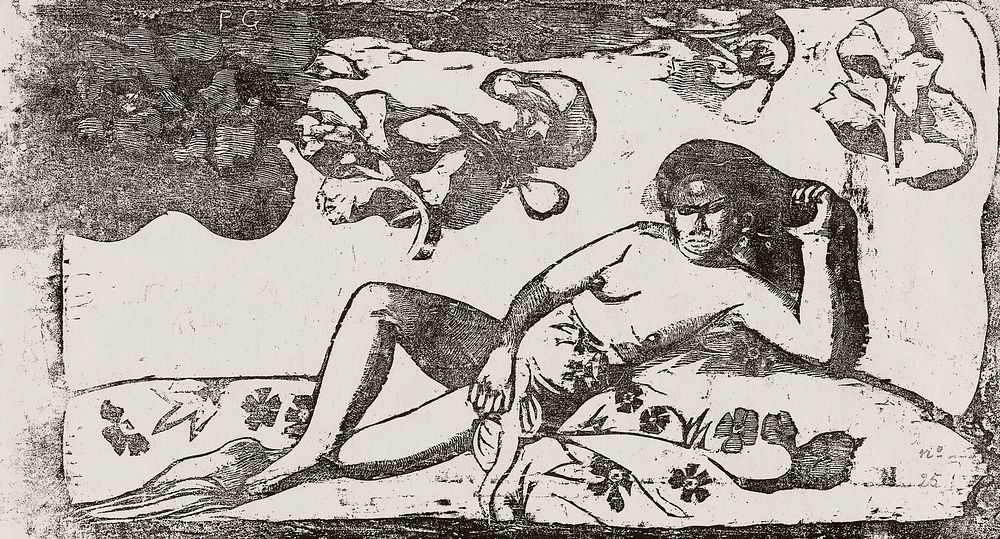 Te arii vahine—opoi (Woman with Mangos—Tired), from the Suite of Late Wood-Block Prints (ca. 1898–1899) by Paul Gauguin.…