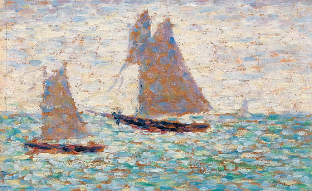 Two Sailboats at Grandcamp (Deux voiliers &Atilde; Grandcamp) (ca. 1885) by Georges Seurat. Original from Barnes Foundation.…