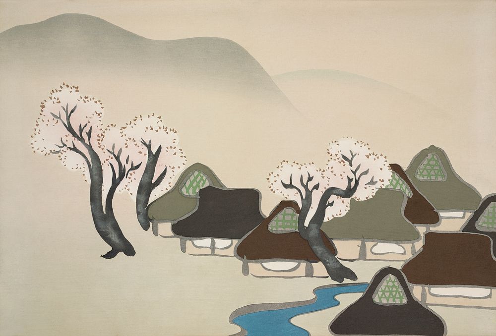Village with cherry blossoms from Momoyogusa&ndash;Flowers of a Hundred Generations (ca. 1909&ndash;1910) by Kamisaka Sekka.…