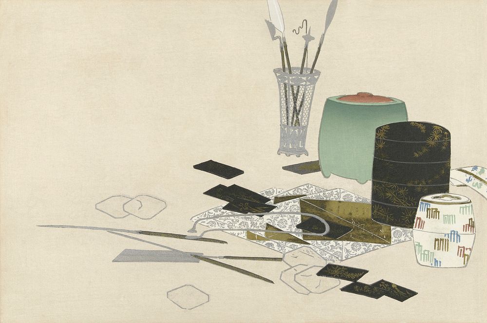 Art supplies from Momoyogusa&ndash;Flowers of a Hundred Generations (1909) by Kamisaka Sekka. Original from the The New York…