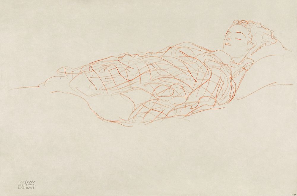 Study of a woman wrapped in a plaid, resting by by Gustav Klimt (1872&ndash;1918). Original from The Rijksmuseum. Digitally…