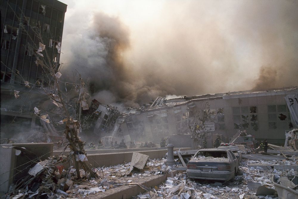 Collapsed buildings and debris in the World Financial Center during the September 11 terrorist attack on the World Trade…