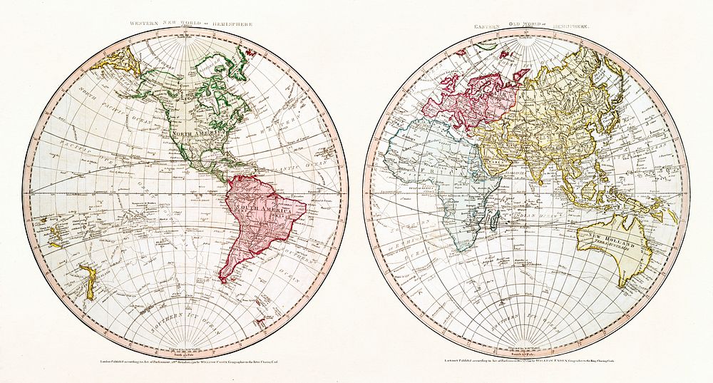 New World, or, Western Hemisphere; Old World, or Eastern Hemisphere (1790) by William Faden. Original From The New York…