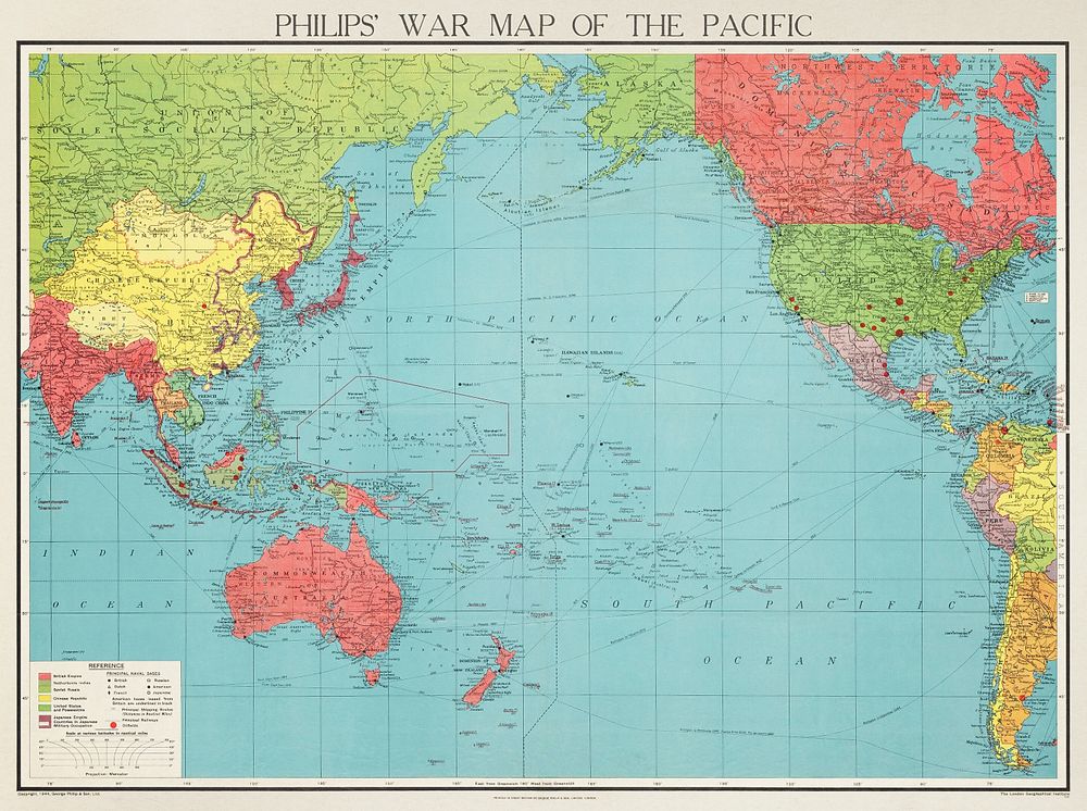 Philips' war map of the Pacific (1945) by George Philip and Son Limited. Original from The Beinecke Rare Book & Manuscript…
