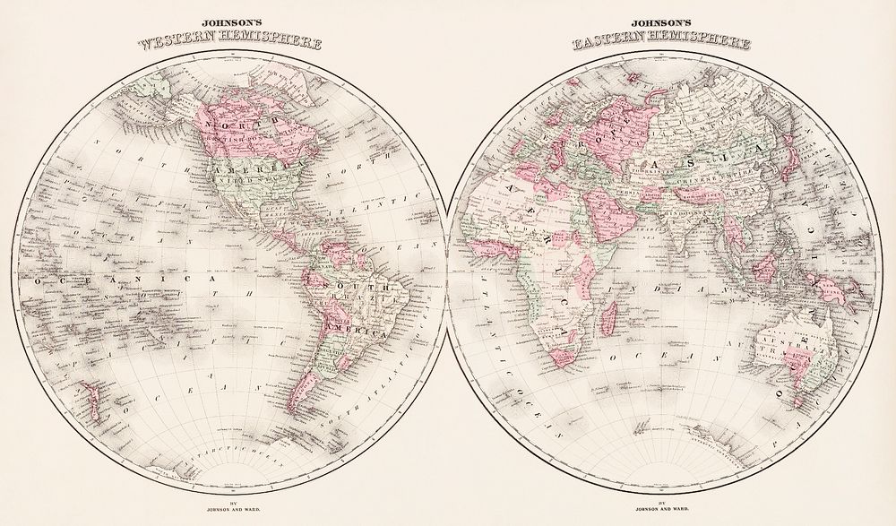 Johnson's Western Hemisphere [and] Johnson's Eastern Hemisphere (1866) by Johnson and Ward. Original from The Beinecke Rare…