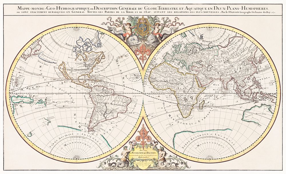 Description generale du globe terrestre et aquatique en deux-plans-hemispheres (1691) by Alexis-Hubert Jaillot  and Nicolas…