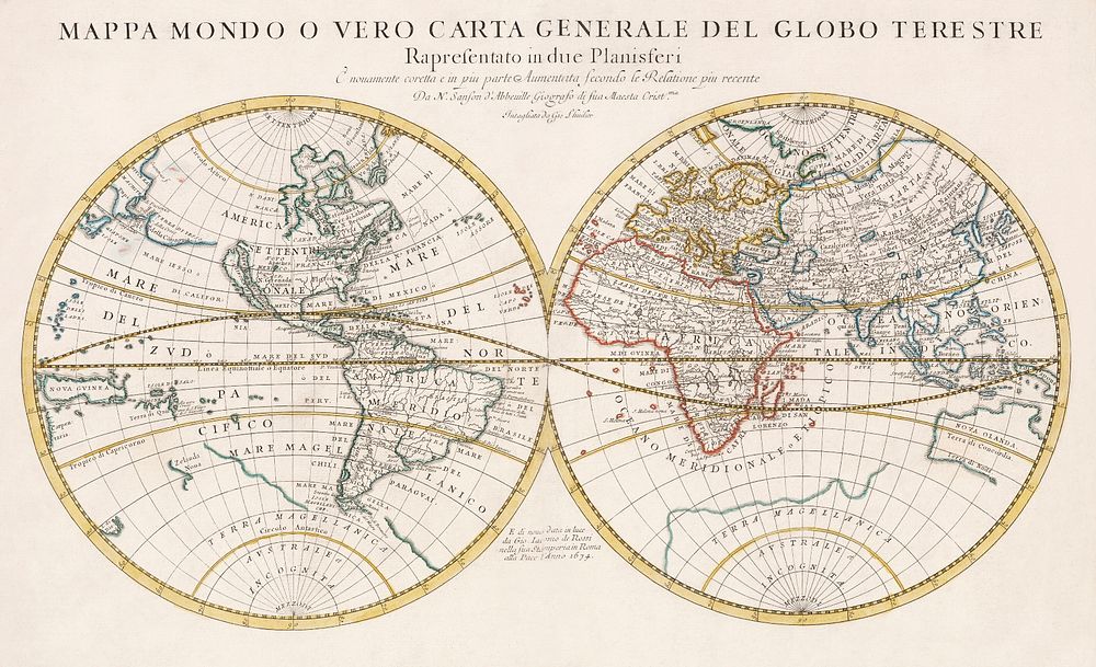 Mappa mondo o vero carta generale del globo terrestre (1674) by N. Sanson de Abbeville. Original from The Beinecke Rare Book…