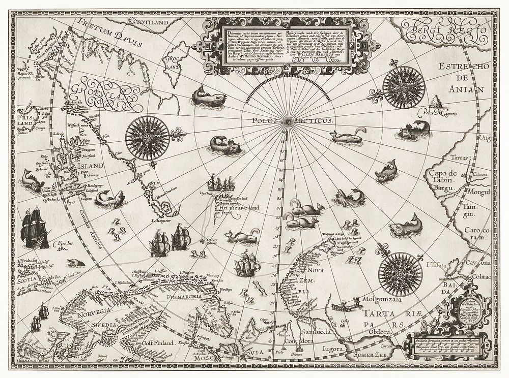 Kaart van het Noordpoolgebied (1598) by Willem Barendsz. Original from The Rijksmuseum. Digitally enhanced by rawpixel.
