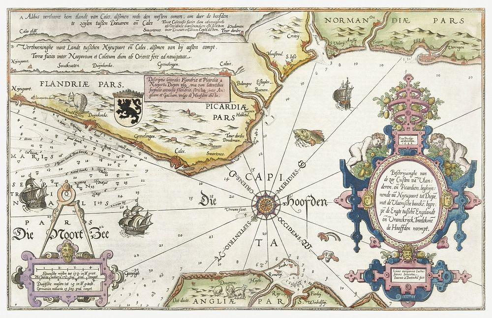 Kaart van de kusten van Vlaanderen, Normandi&euml; en Engeland (ca. 1580&ndash;1581) by Joannes van Doetechum (I). Original…