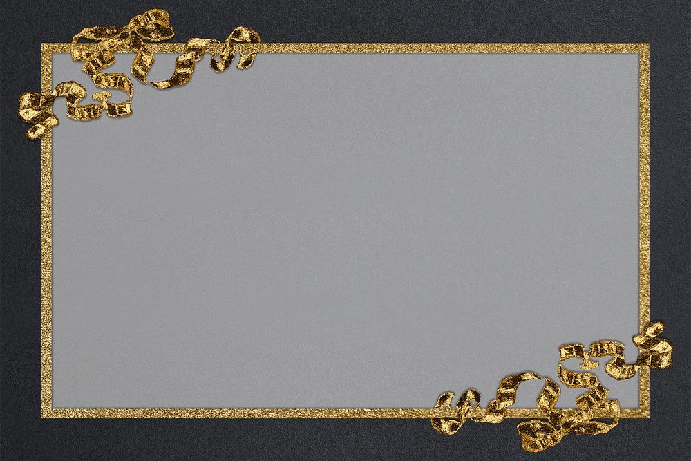 Vintage gold rectangle frame with ribbon on black background design element