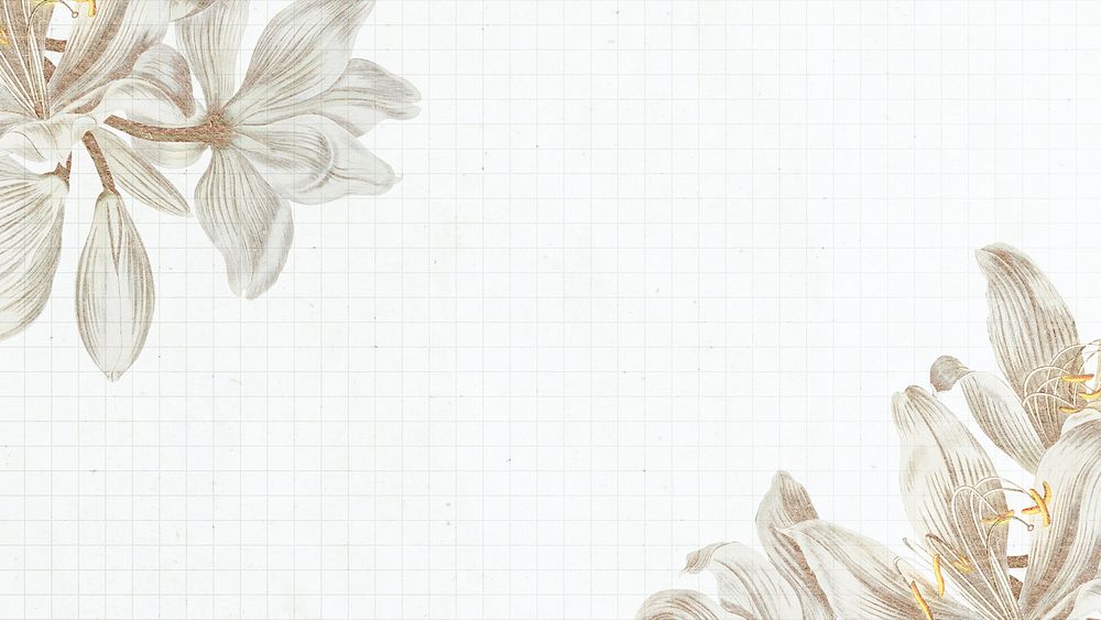 Vintage white lily flower frame on grid background design element
